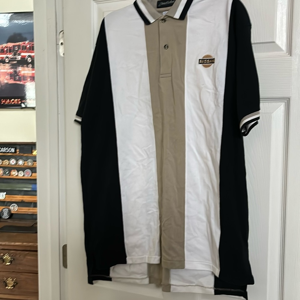 Inner harbor Nissan polo shirt black, white and tan size xl
